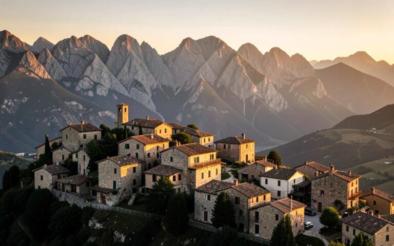 Borgo lucano in pietra al tramonto con le Dolomiti Lucane sullo sfondo