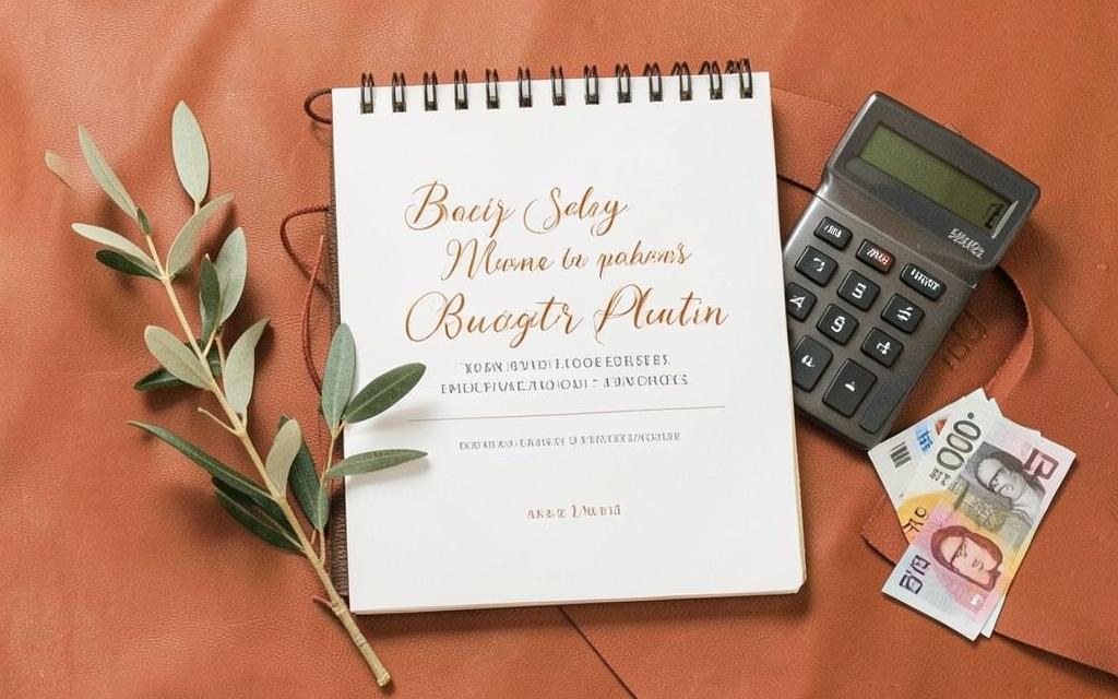 Quaderno per il budget di matrimonio con calcolatrice e ramo di ulivo