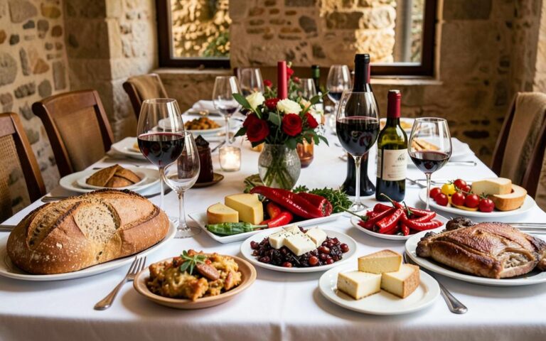 Tavola imbandita con pane di Matera, peperoni cruschi, formaggi e vino rosso