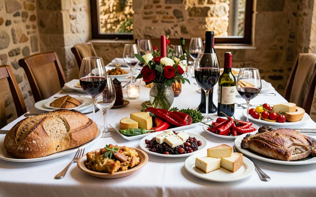 Tavola imbandita con pane di Matera, peperoni cruschi, formaggi e vino rosso